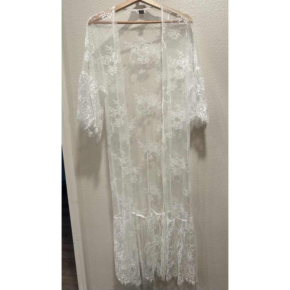 White Lace Maxi Robe Open Front  Peignoir Coquette Trousseau Sexy Lingerie Beach